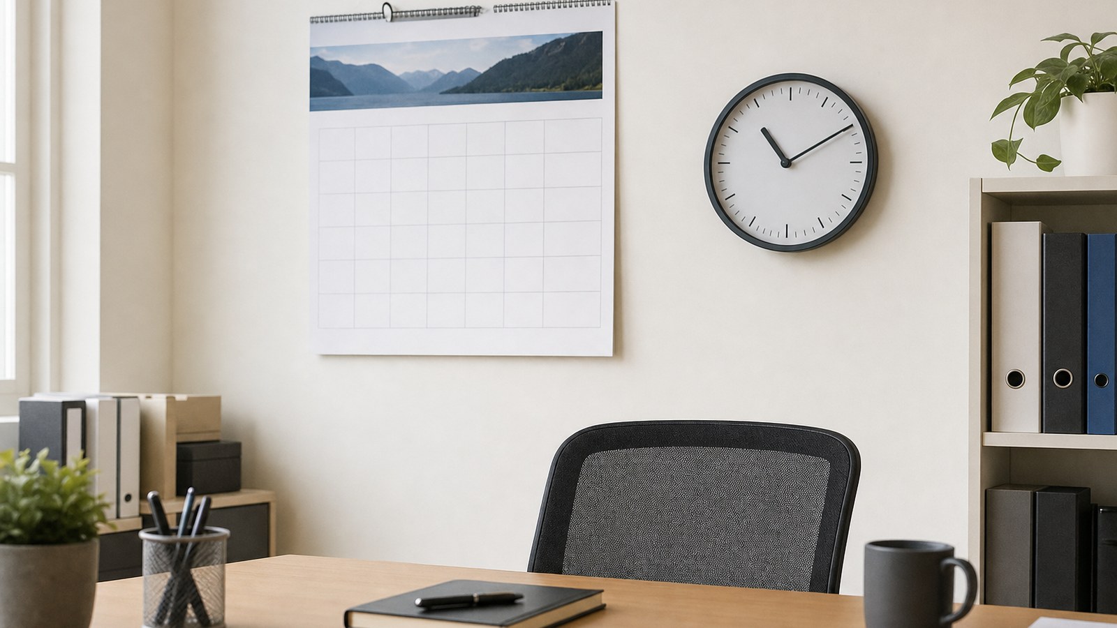 Una scrivania di lavoro vuota, con un calendario e un orologio appesi alla parete