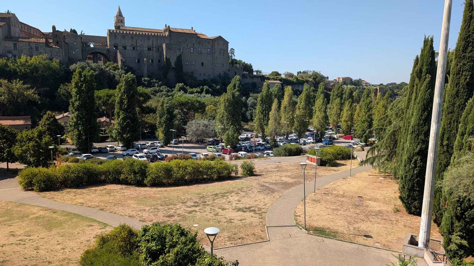 Erba secca e alberi in un'area verde di Viterbo, con il parcheggio e la citta sullo sfondo