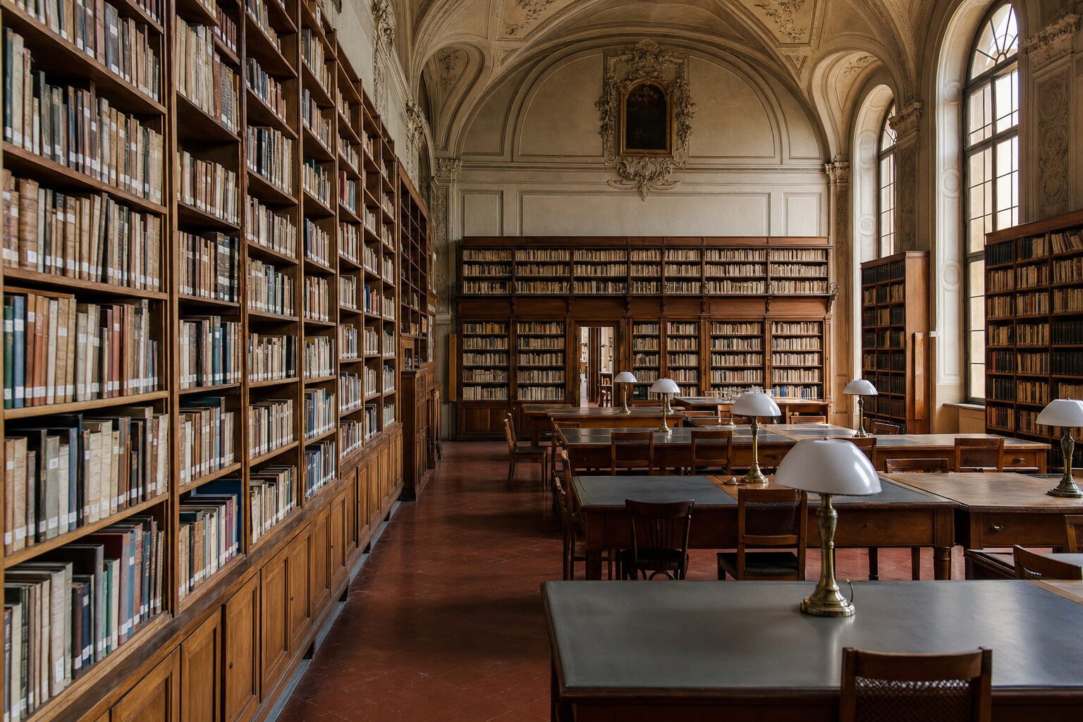 Sala di lettura di una biblioteca storica, scaffali in legno con volumi antichi (immagine generata con intelligenza artificiale)