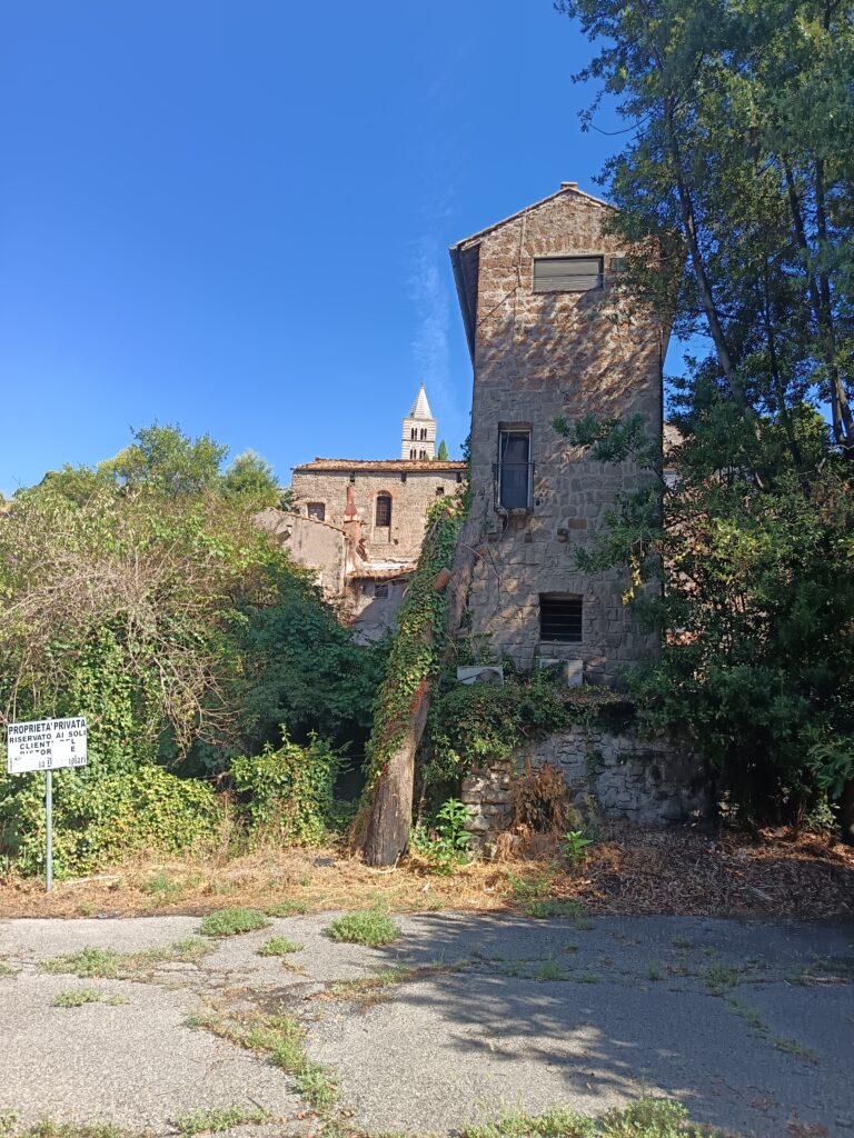 Area privata transennata e incolta con una torre in rovina coperta di vegetazione, Viterbo