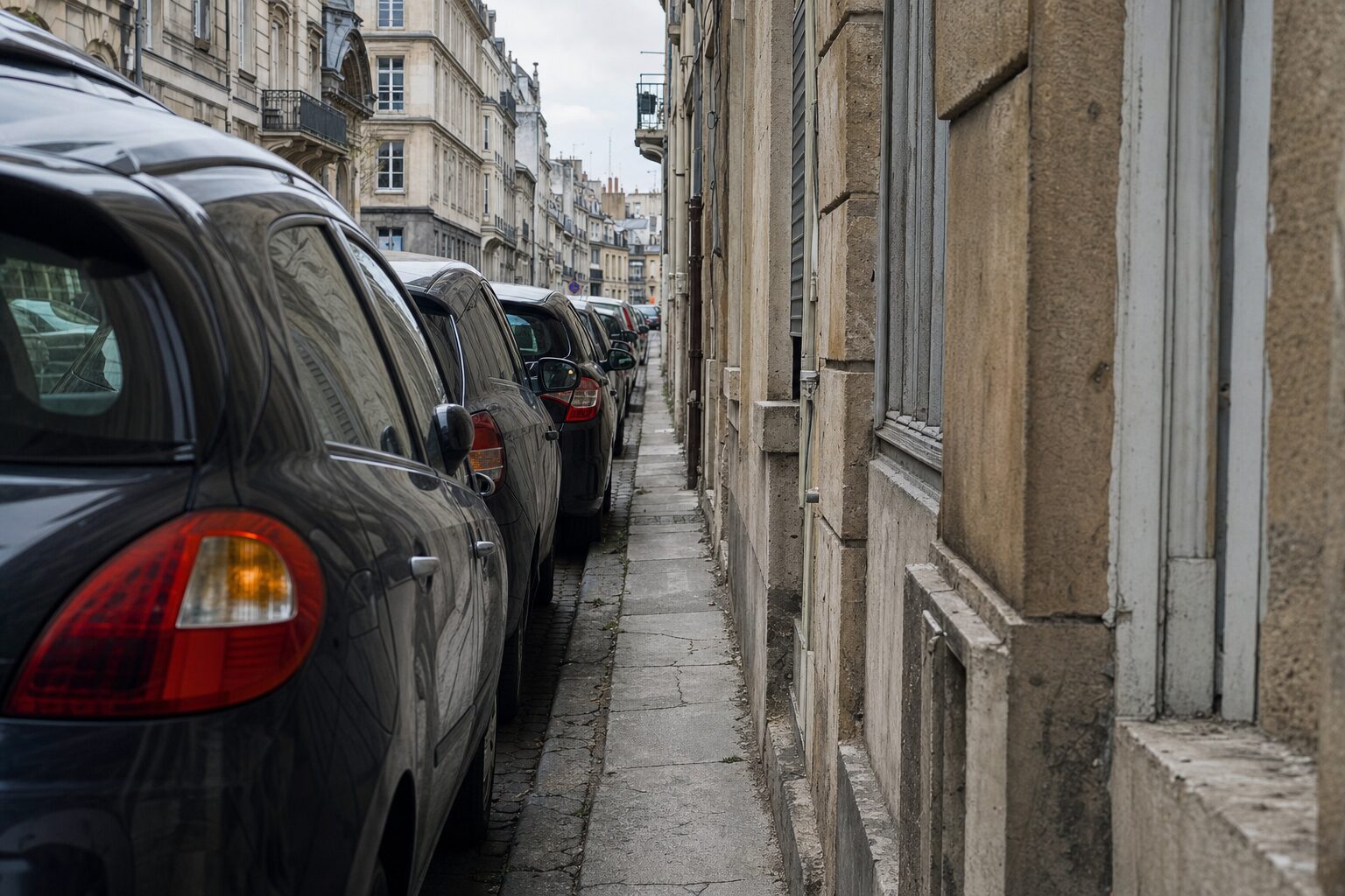 Marciapiede strettissimo tra auto parcheggiate e facciate di edifici