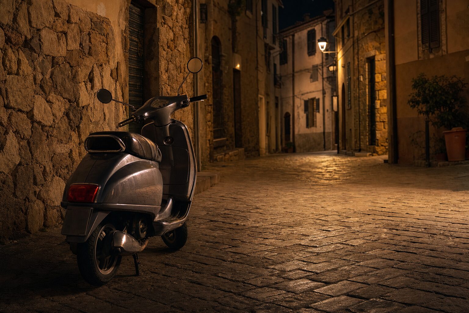Motorino parcheggiato in un vicolo di notte, illuminato da un lampione