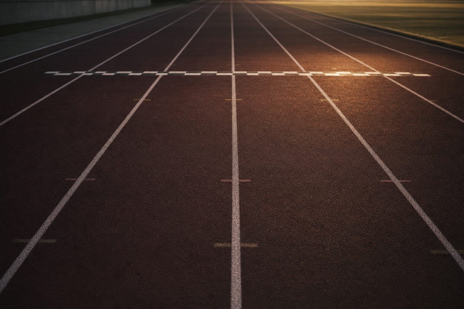 Corsie di una pista di atletica vuota, luce calda al tramonto
