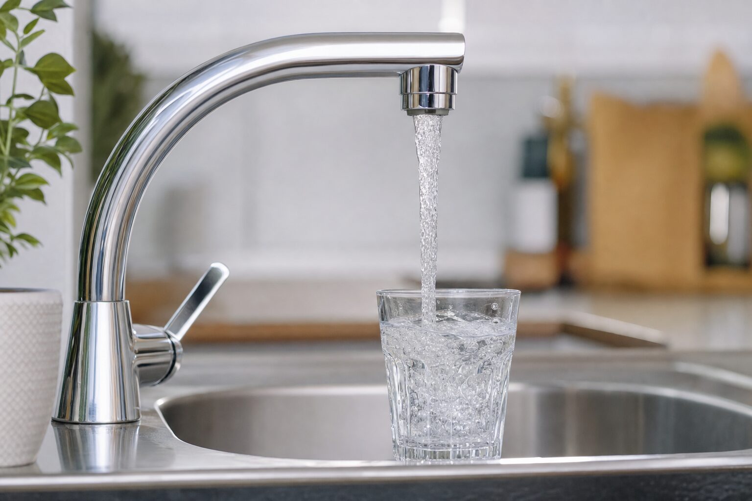 Acqua limpida che scorre da un rubinetto in un bicchiere