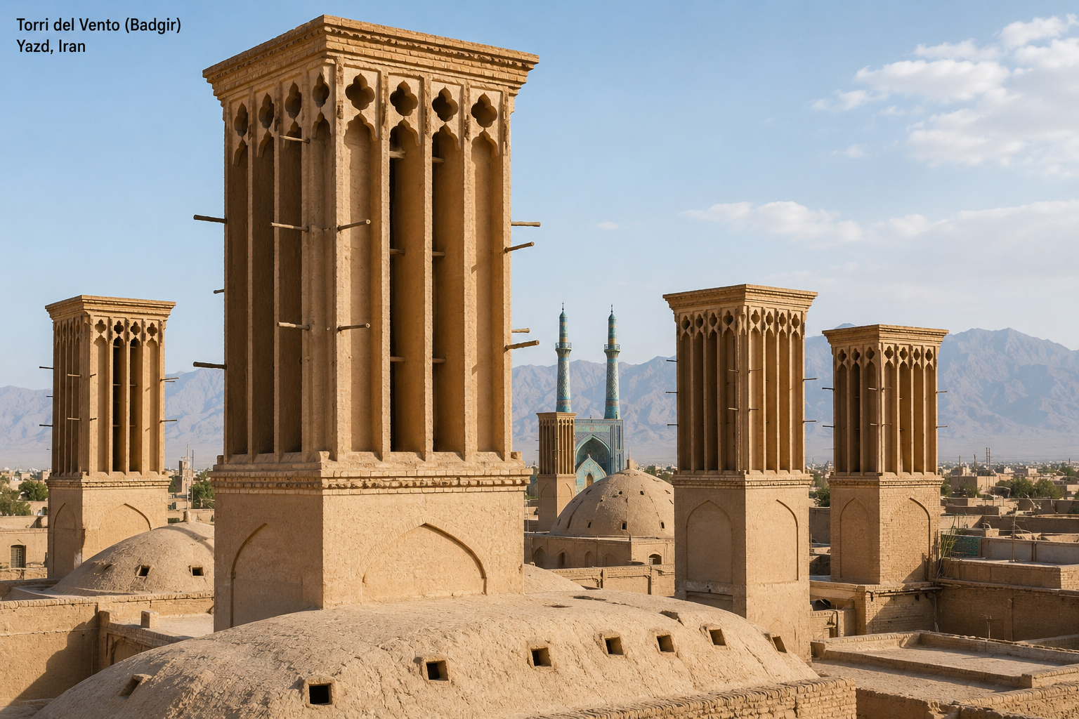 Torri del vento tradizionali a Yazd, in Iran, un esempio storico di raffrescamento passivo