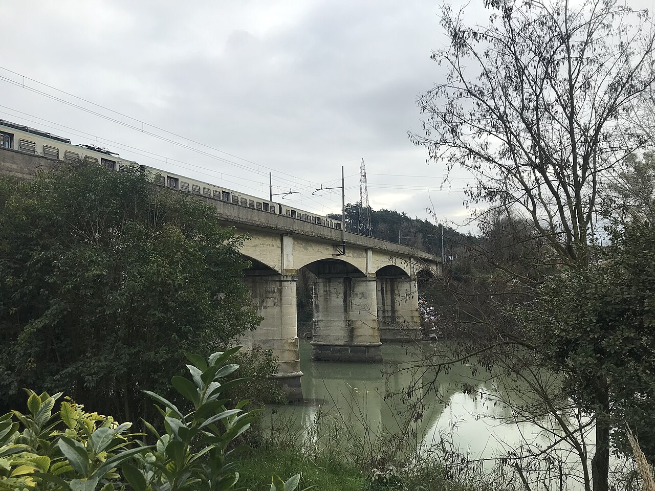 Il ponte ferroviario sul fiume Tevere attraversato da un treno della linea Roma-Civita Castellana-Viterbo
