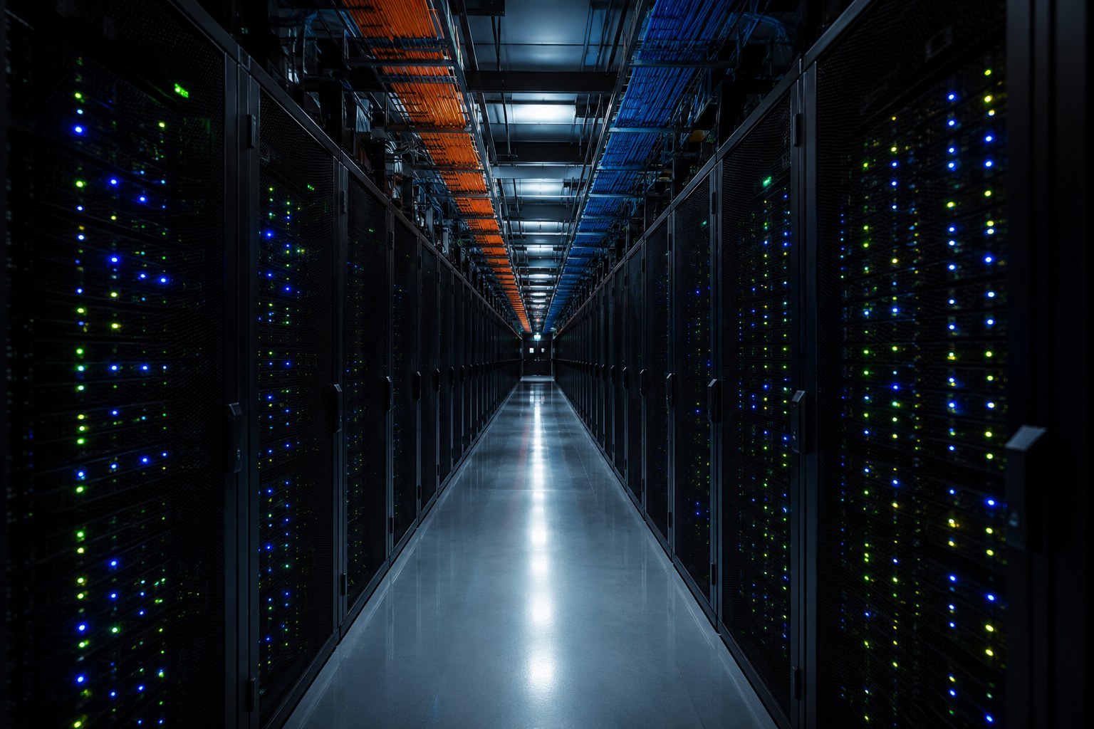 Corridoio di un data center di notte, due file di armadi rack con spie accese