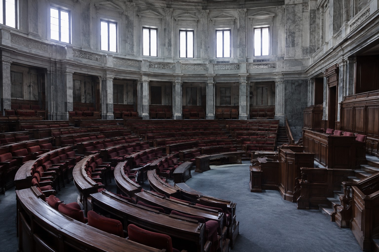 Emiciclo di un aula assembleare vuota, immagine generata con intelligenza artificiale