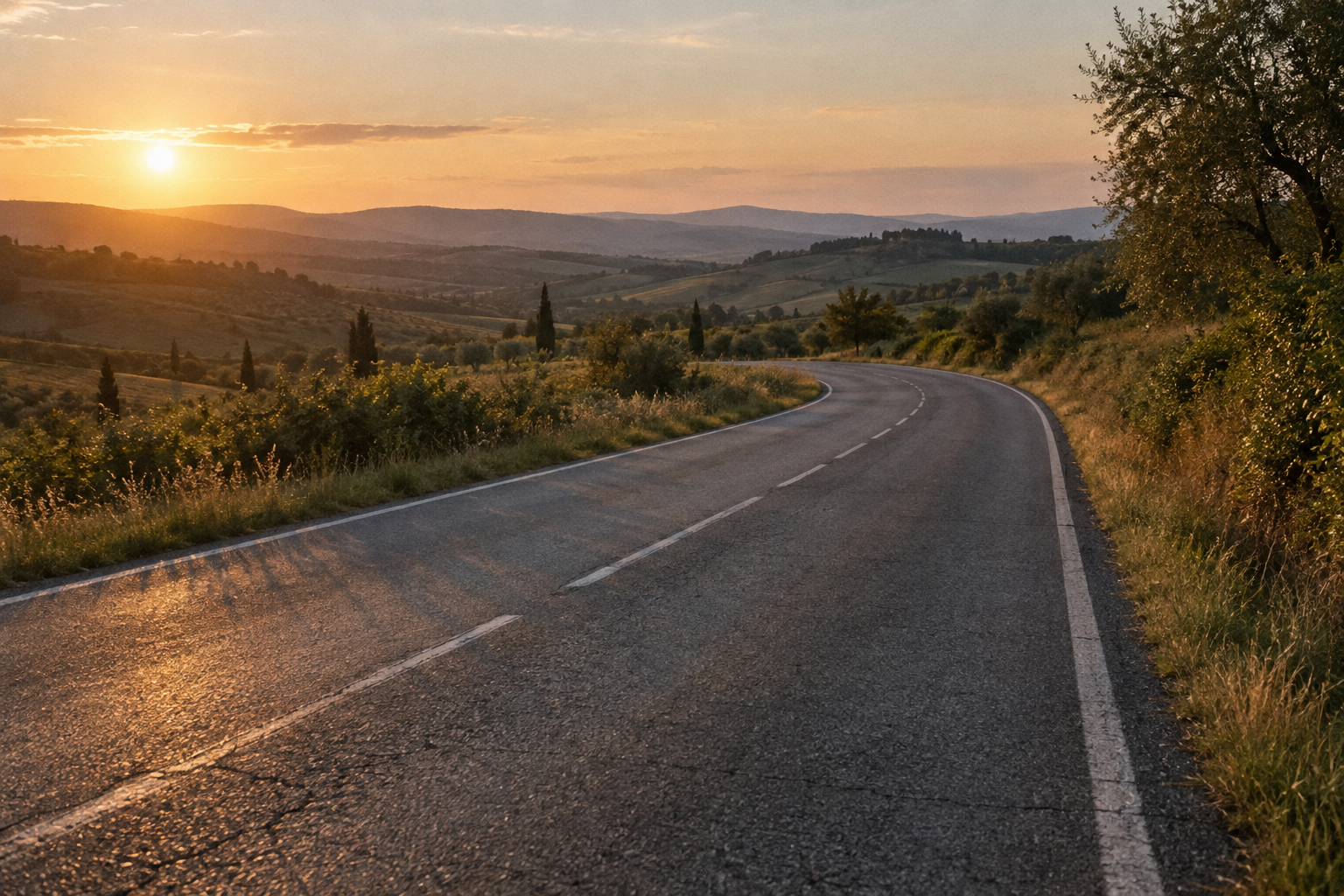 Strada di campagna in curva al tramonto, luce dorata, nessun veicolo in transito