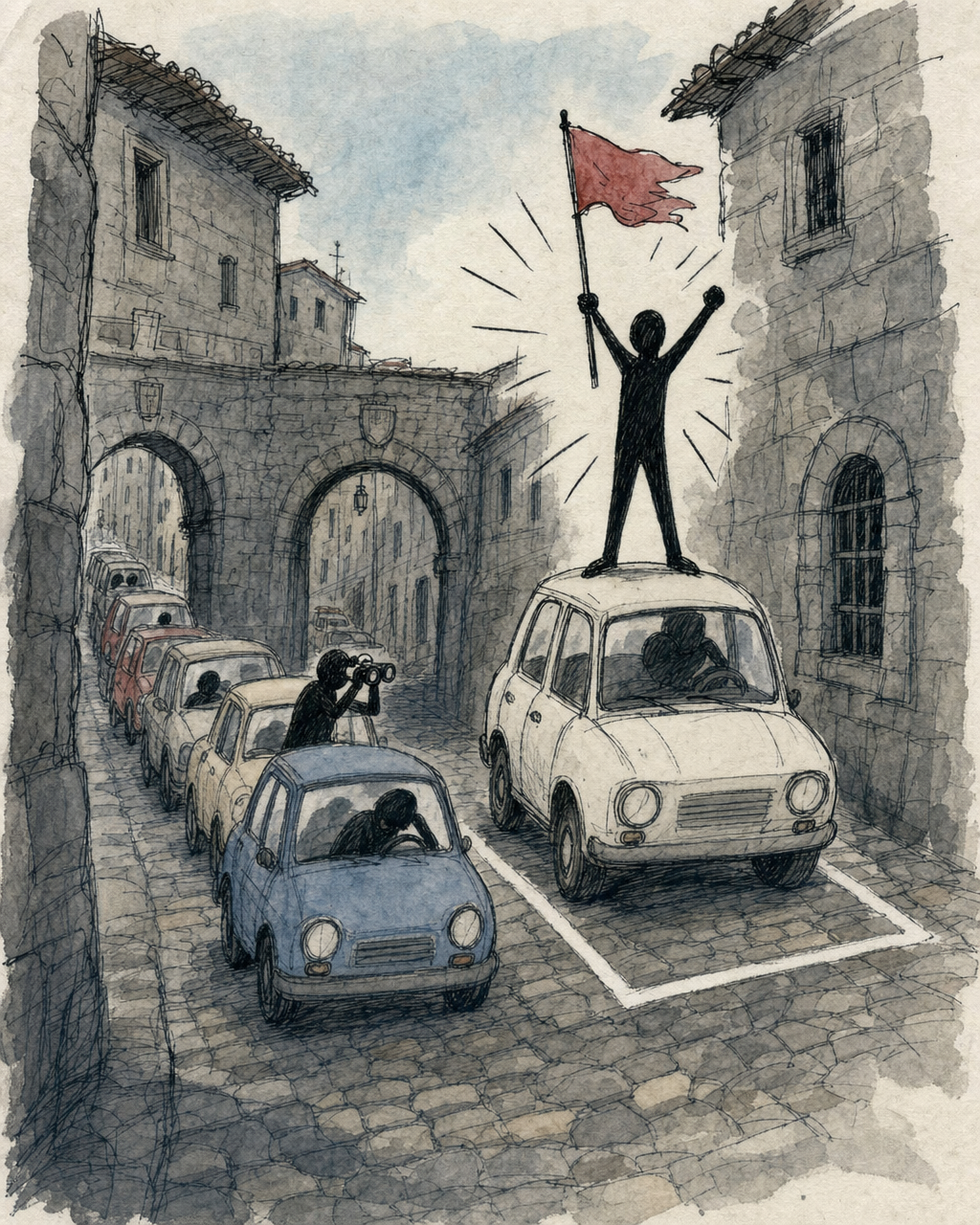 Vignetta satirica: un automobilista pianta una bandiera trionfante sul tetto dell-auto nell-unico posto auto libero in una strada del centro storico di Viterbo, mentre una lunga fila di altre auto aspetta