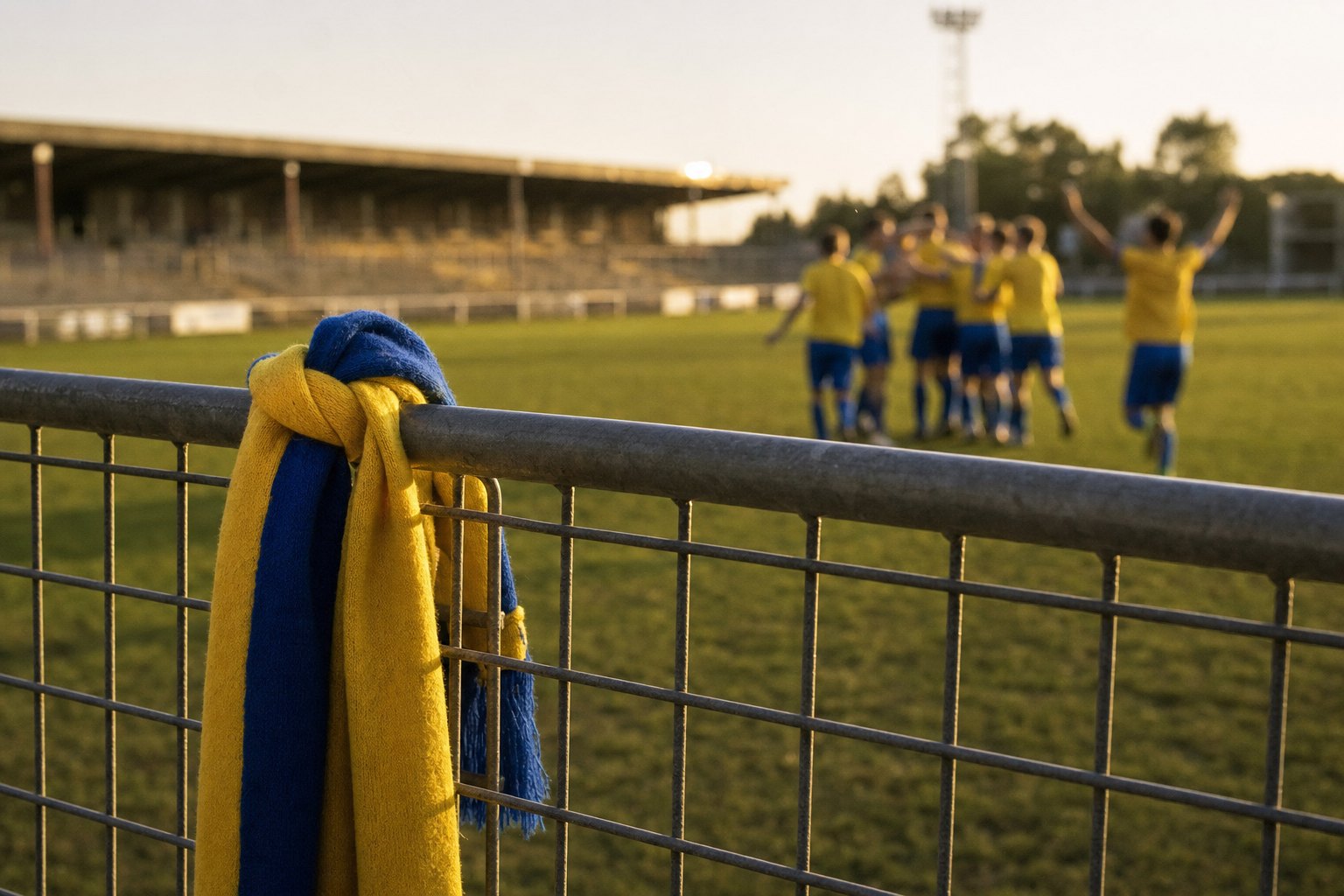Una sciarpa gialloblù legata alla recinzione di un campo da calcio, con i giocatori che esultano sfocati sullo sfondo