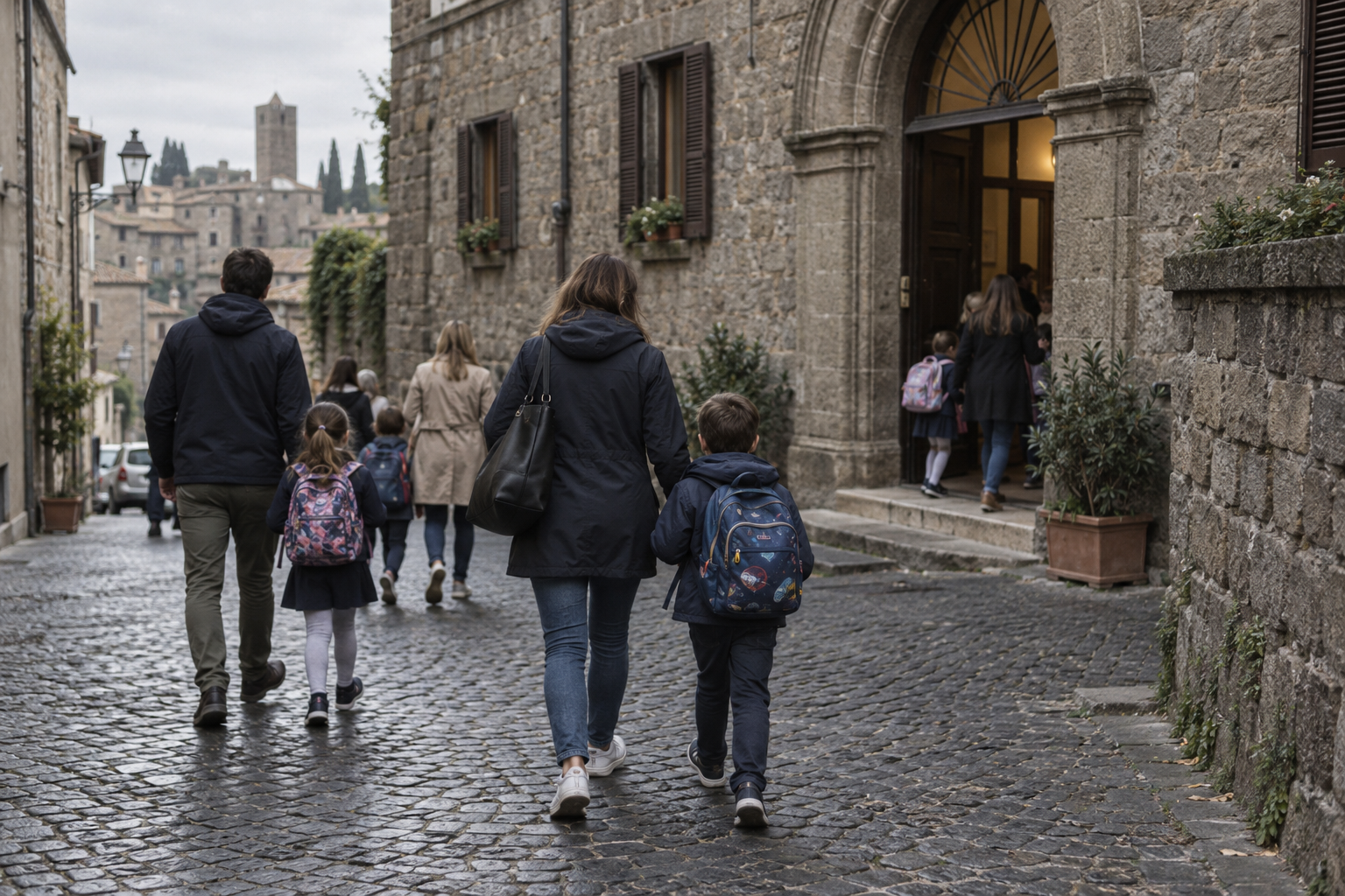 Genitori e bambini camminano su una via acciottolata del centro verso l ingresso di una scuola, foto illustrativa generica