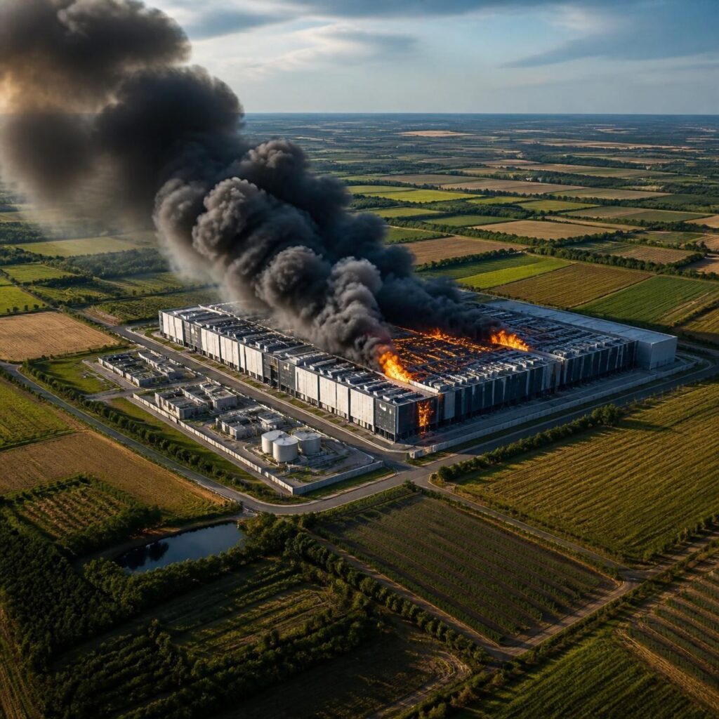 Illustrazione di un data center in fiamme visto dall'alto