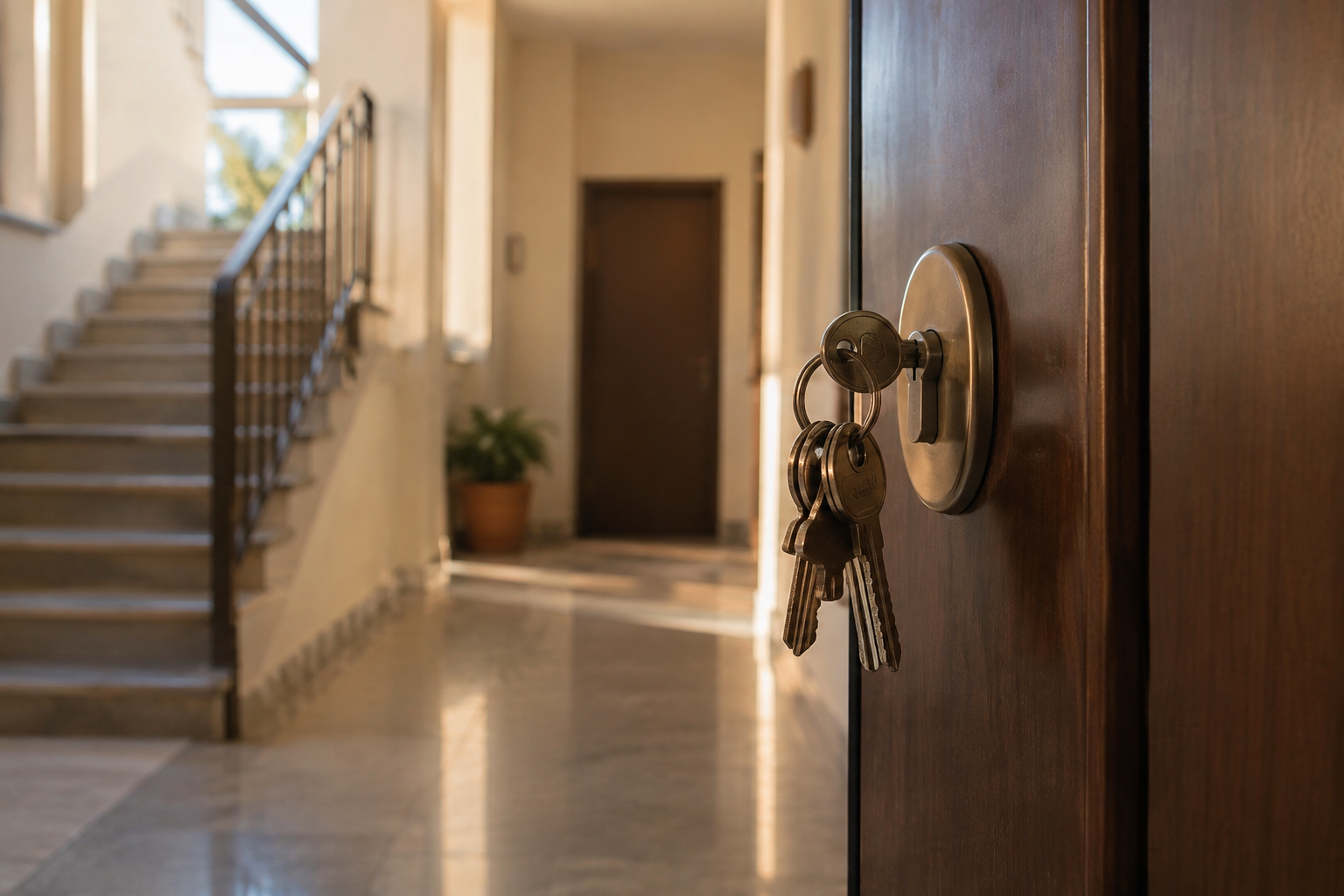 Chiavi di casa infilate nella serratura di una porta d'ingresso, con una scala sullo sfondo