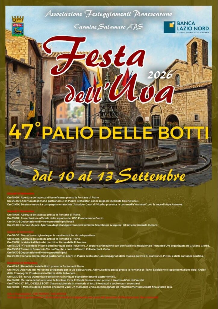 Locandina della Festa dell’Uva 2026 e del 47° Palio delle Botti a Pianoscarano, dal 10 al 13 settembre: la fontana di piazza del quartiere con le botti, sopra il titolo, sotto il programma dei quattro giorni