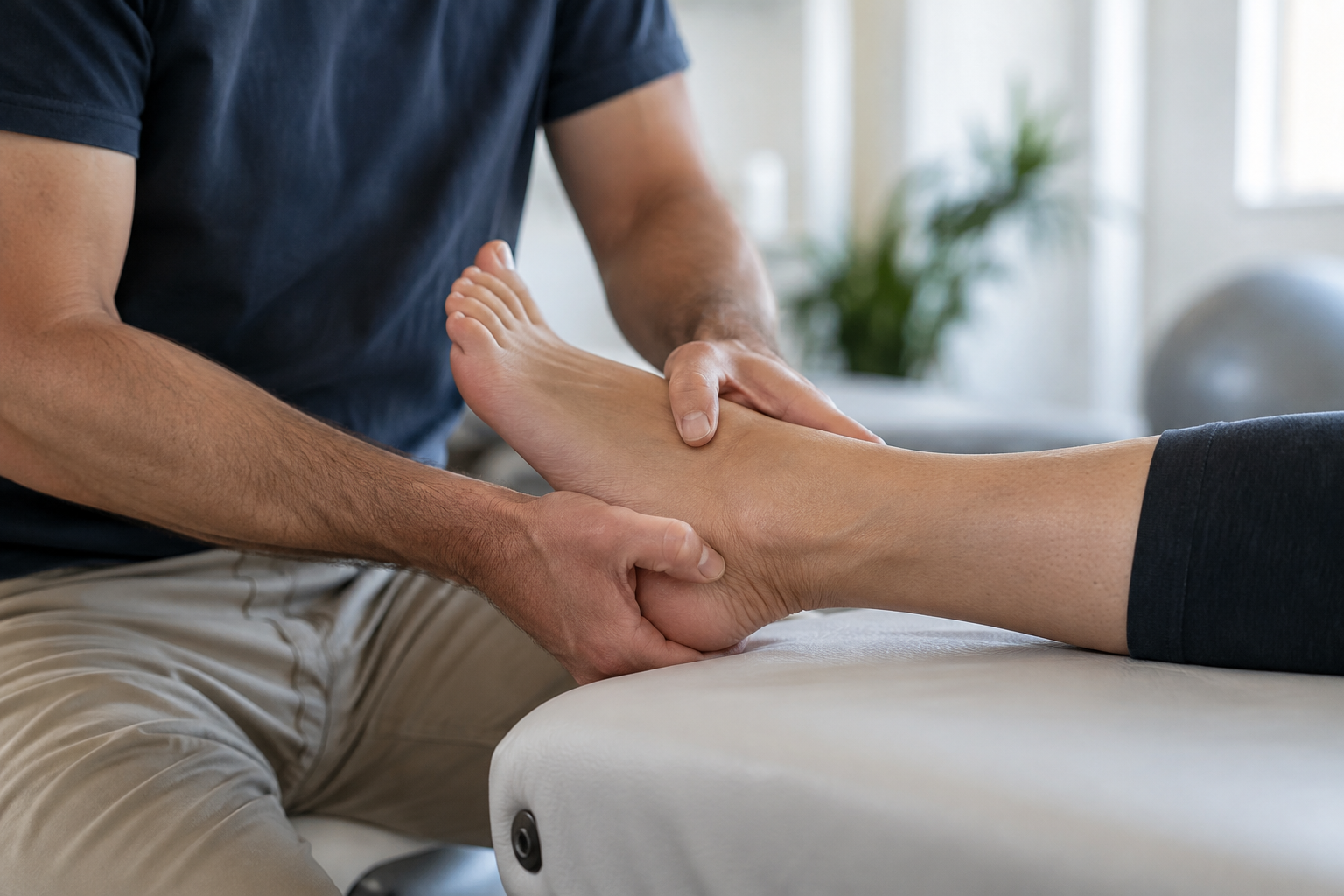 Mani di un fisioterapista durante una seduta di riabilitazione