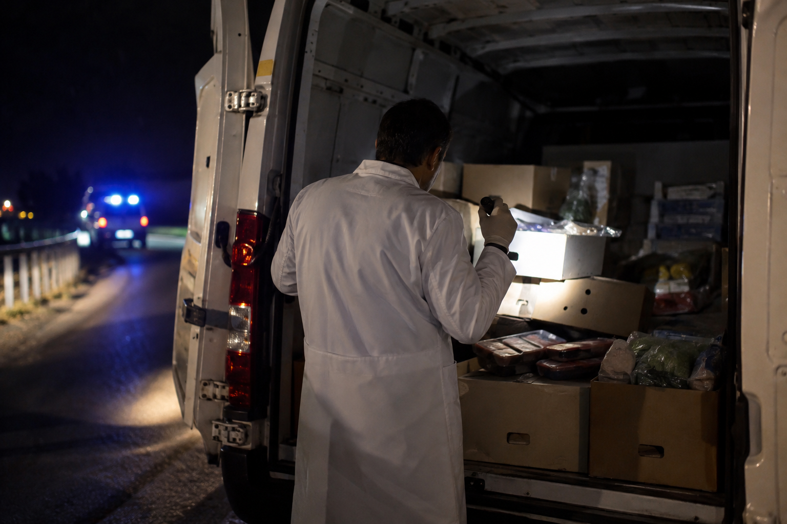 Ispezione notturna su un furgone merci lungo una strada provinciale