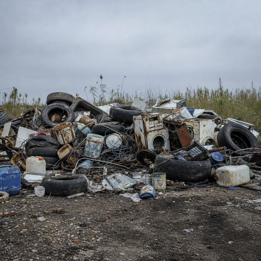Cumulo di pneumatici, elettrodomestici dismessi e fusti arrugginiti accatastati all'aperto su un'area sterrata