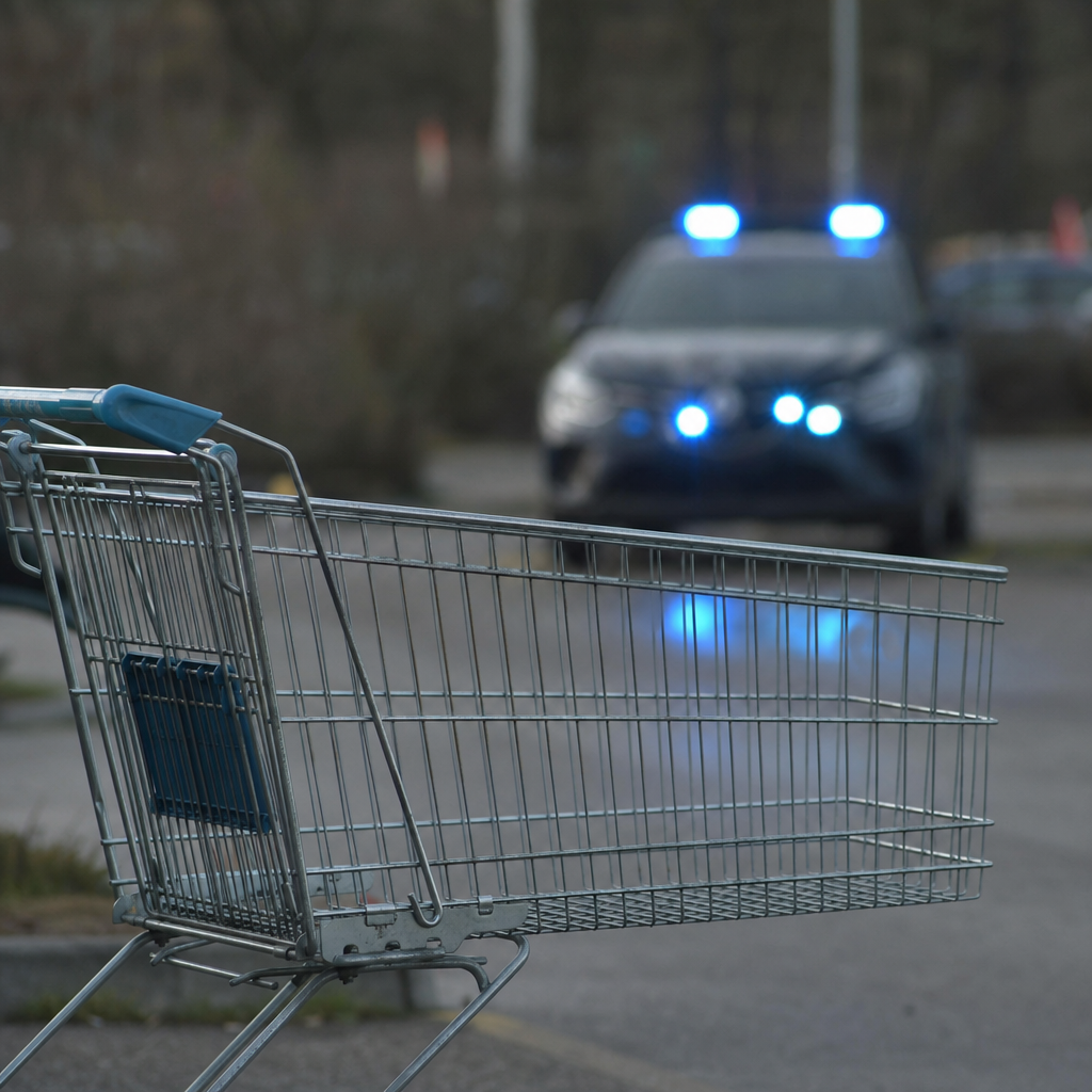 Carrello della spesa abbandonato su un parcheggio con le luci blu di un'auto delle forze dell'ordine sfocate sullo sfondo