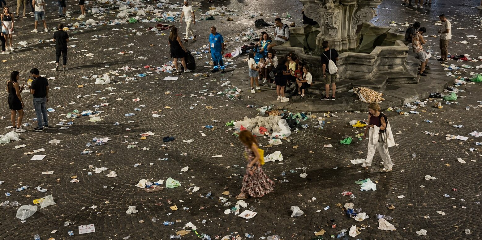 Piazza delle Erbe la notte del 3 settembre, dopo che gli spettatori se ne sono andati e prima del passaggio delle squadre di pulizia
