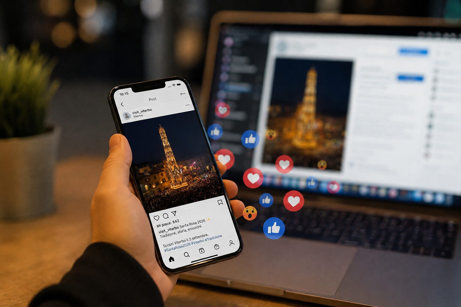 Uno smartphone mostra un post social su Santa Rosa, con reazioni che si sollevano dallo schermo