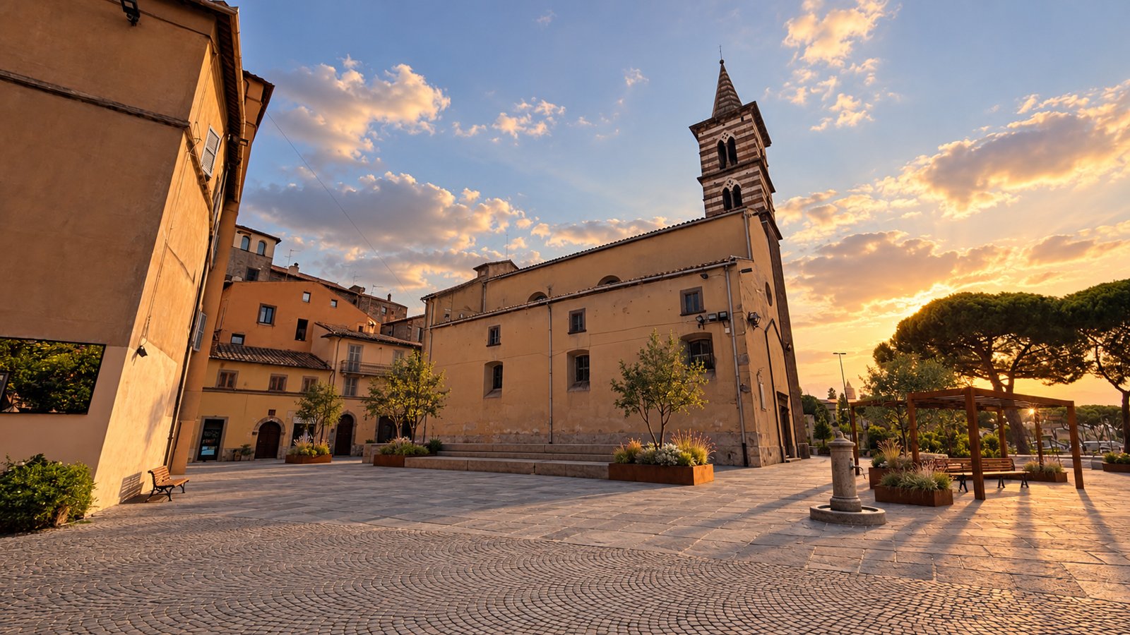 Simulazione al tramonto di largo Benedetto Croce a Viterbo con sagrato, gradonate, fontanella e pergola davanti all’ex chiesa degli Almadiani