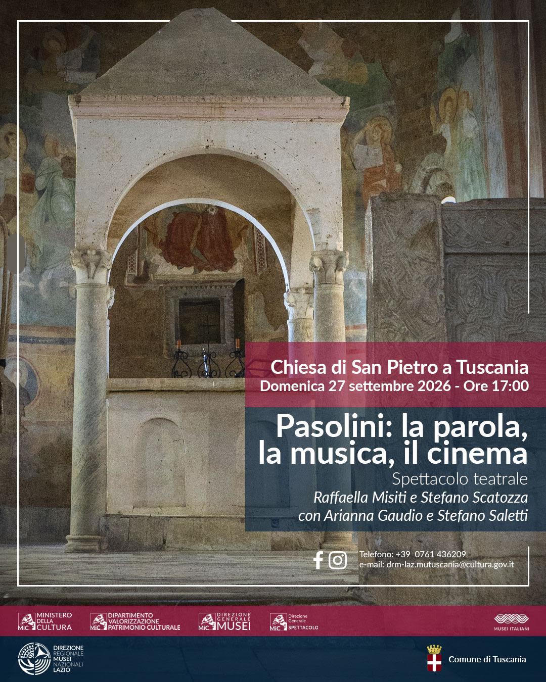 Locandina dello spettacolo «Pasolini: la parola, la musica, il cinema» nella Chiesa di San Pietro a Tuscania, domenica 27 settembre 2026 alle 17