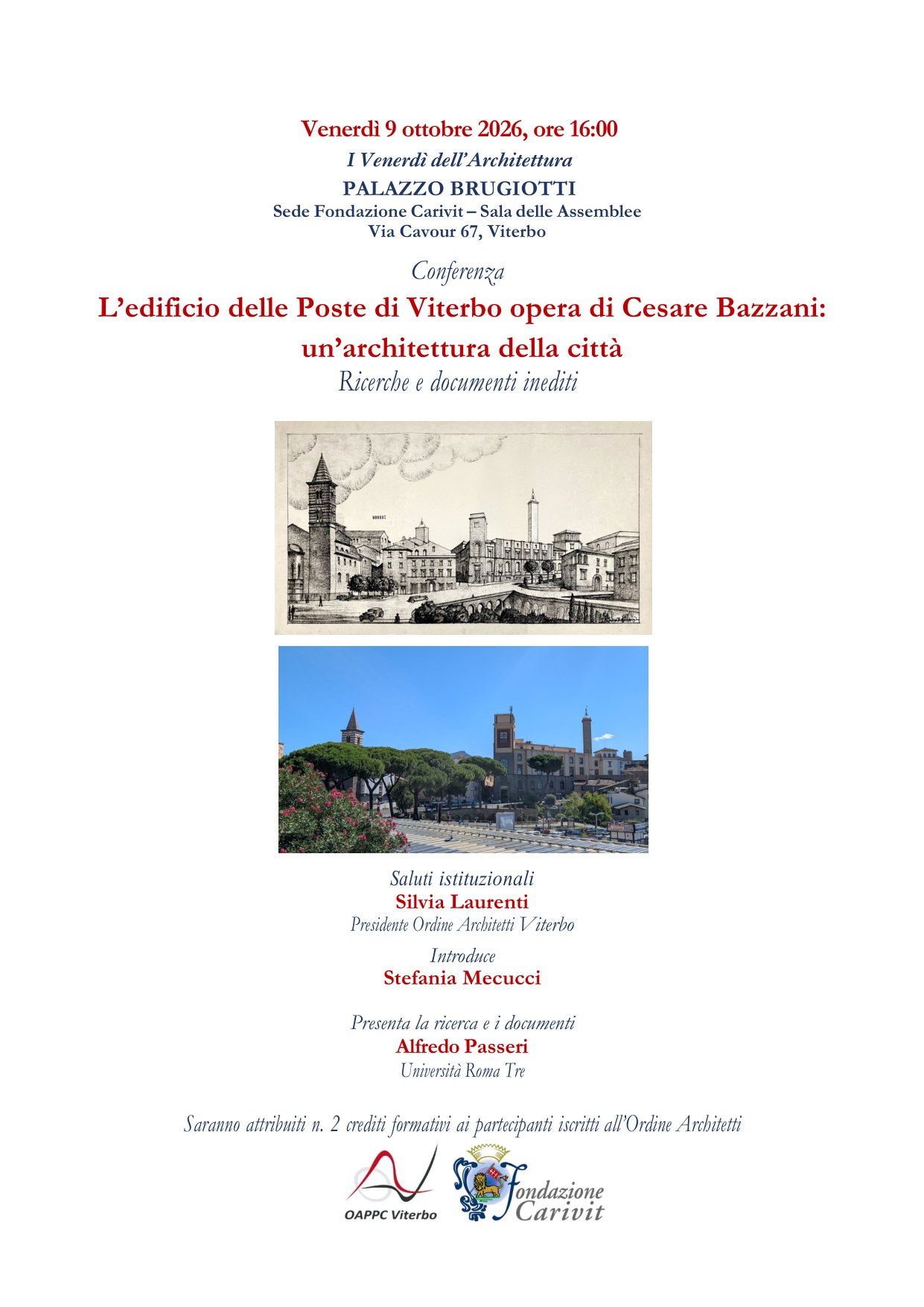 Locandina della conferenza sul palazzo delle Poste di Viterbo di Cesare Bazzani, 9 ottobre 2026 a Palazzo Brugiotti