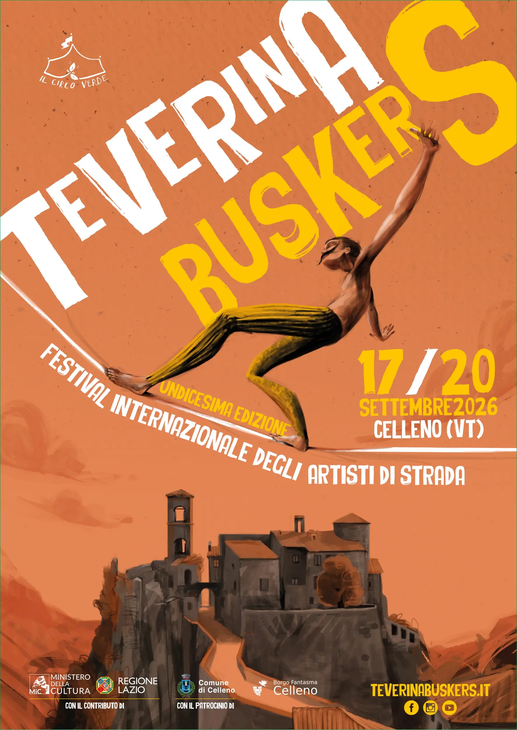 Locandina dell'undicesima edizione del Teverina Buskers, 17-20 settembre 2026 a Celleno