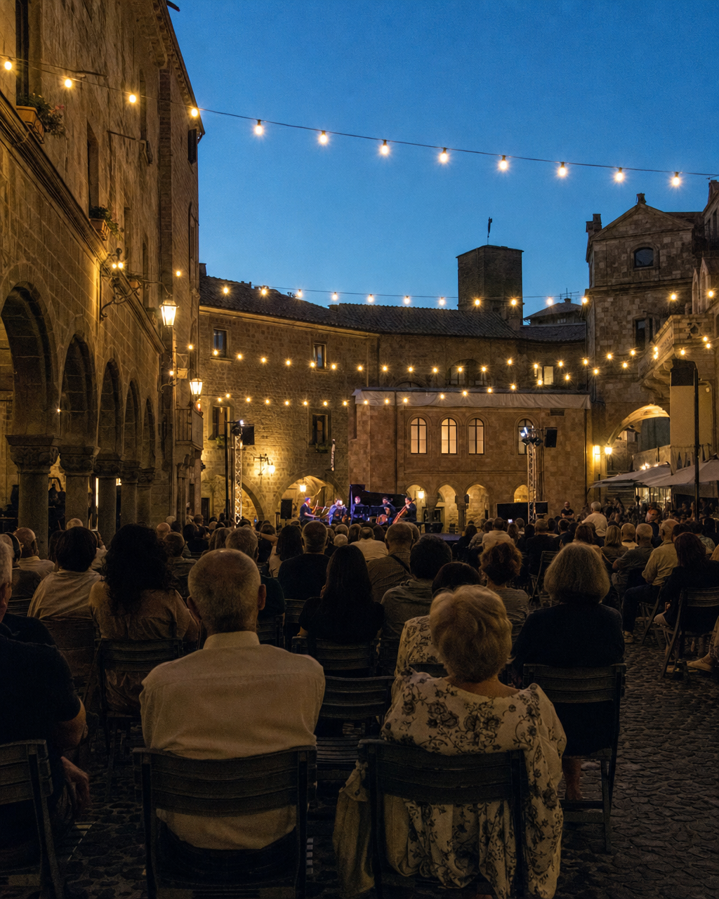 Pubblico seduto in una piazza del centro storico durante una serata dell'Ombre Festival, con palco illuminato e luminarie