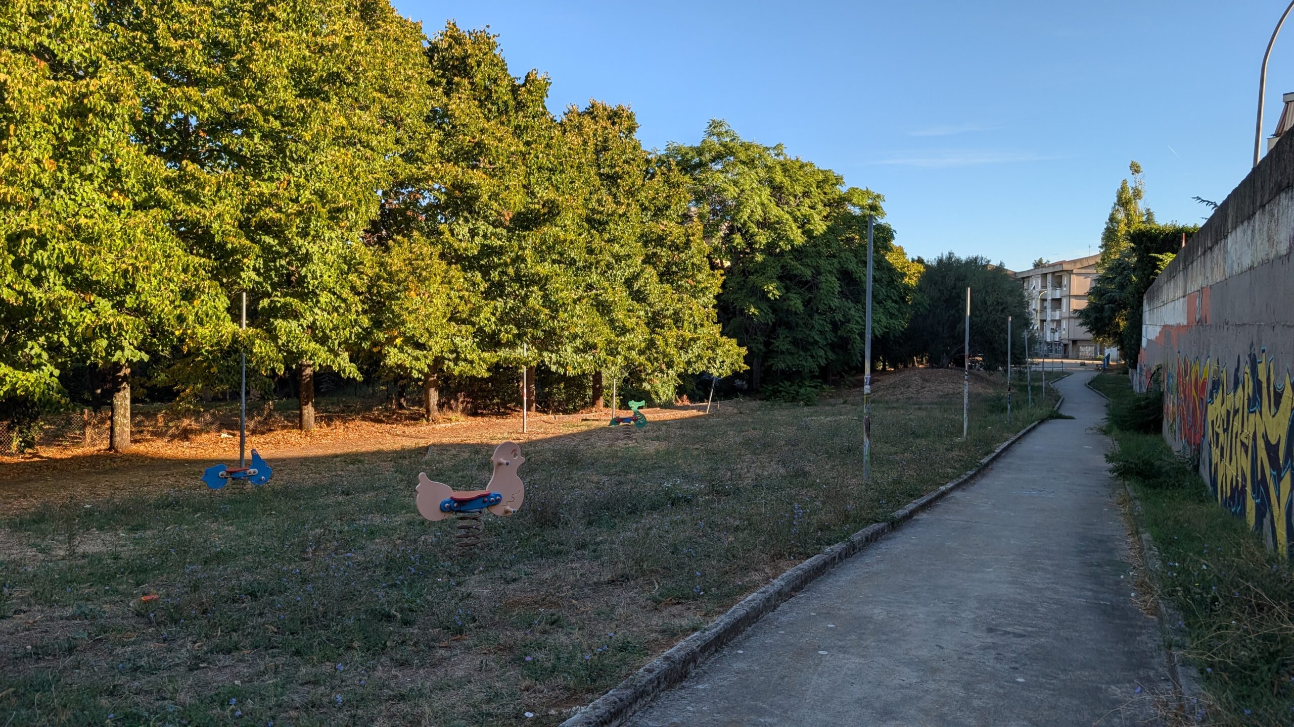 Il prato secco del parco dell'Aeronautica al Barco, con i giochi a molla e i pali senza lampade