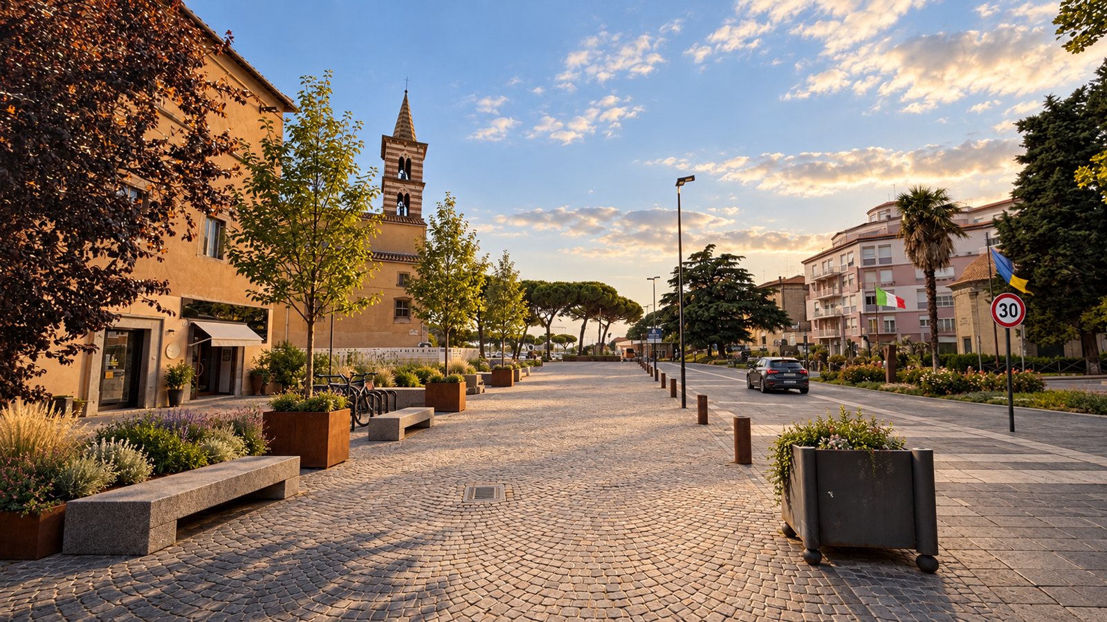 Simulazione del piazzale accanto all’ex chiesa degli Almadiani a Viterbo: passeggiata con alberi e panchine, la strada alla stessa quota fra i dissuasori e il cartello del limite di 30