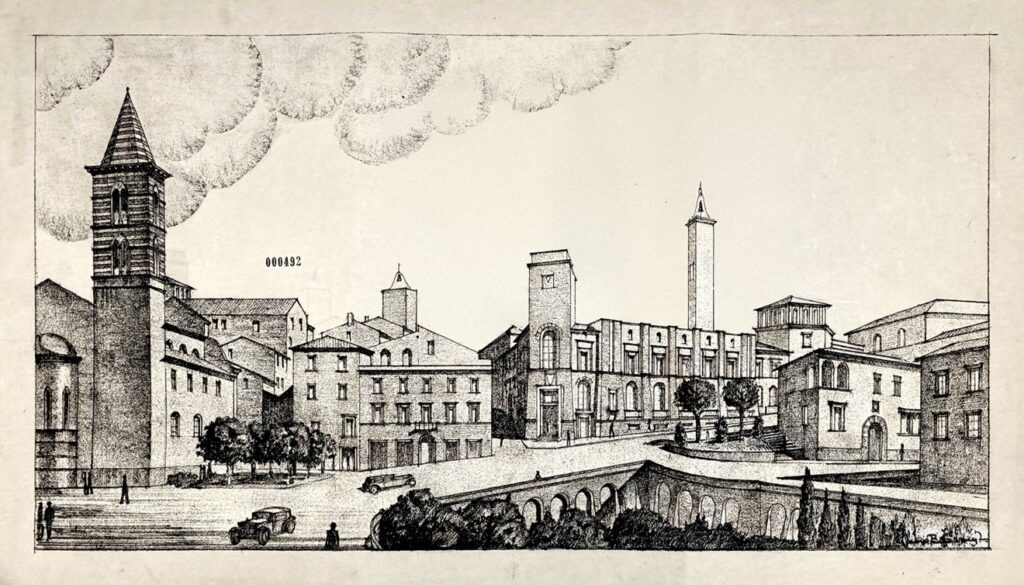 Disegno prospettico del palazzo delle Poste di Viterbo