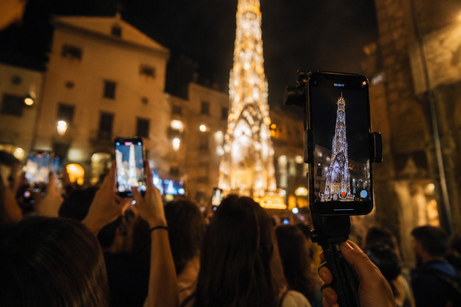 La Macchina di Santa Rosa illuminata, ripresa dagli smartphone del pubblico