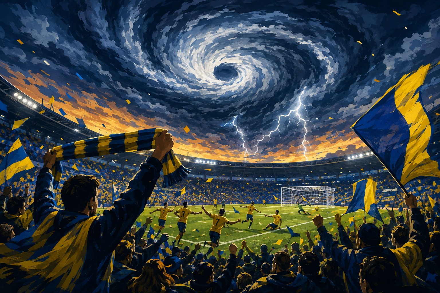 Illustrazione generata con l'intelligenza artificiale: tifosi della Viterbese in giallo-blu sotto un cielo in tempesta, a rappresentare l'"Uragano Viterbese" dell'esordio in campionato
