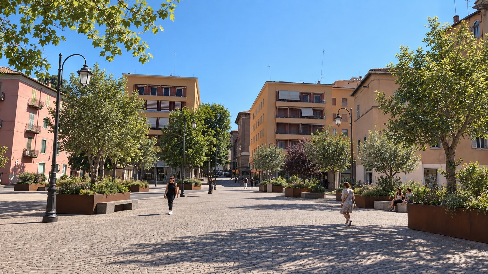 Simulazione di piazza dei Caduti dal piazzale, con filare di alberi e sedute