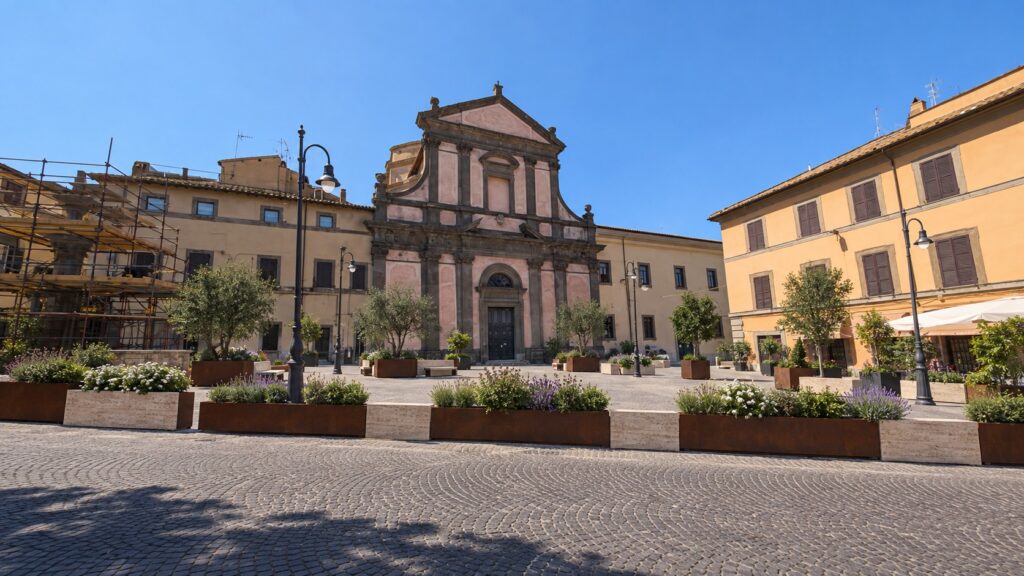 Simulazione di piazza Fontana Grande, con fioriere al posto dei paletti