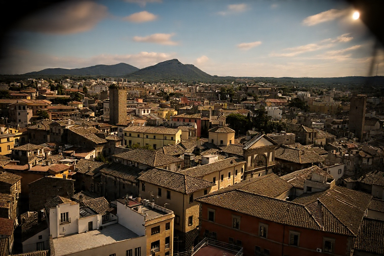 Panorama di Viterbo dallalto: i tetti del centro storico, una torre medievale e i monti Cimini sullo sfondo