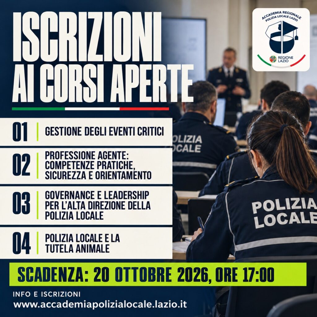 Grafica dell’Accademia regionale di Polizia locale del Lazio con i quattro corsi e la scadenza delle iscrizioni, 20 ottobre 2026 alle 17