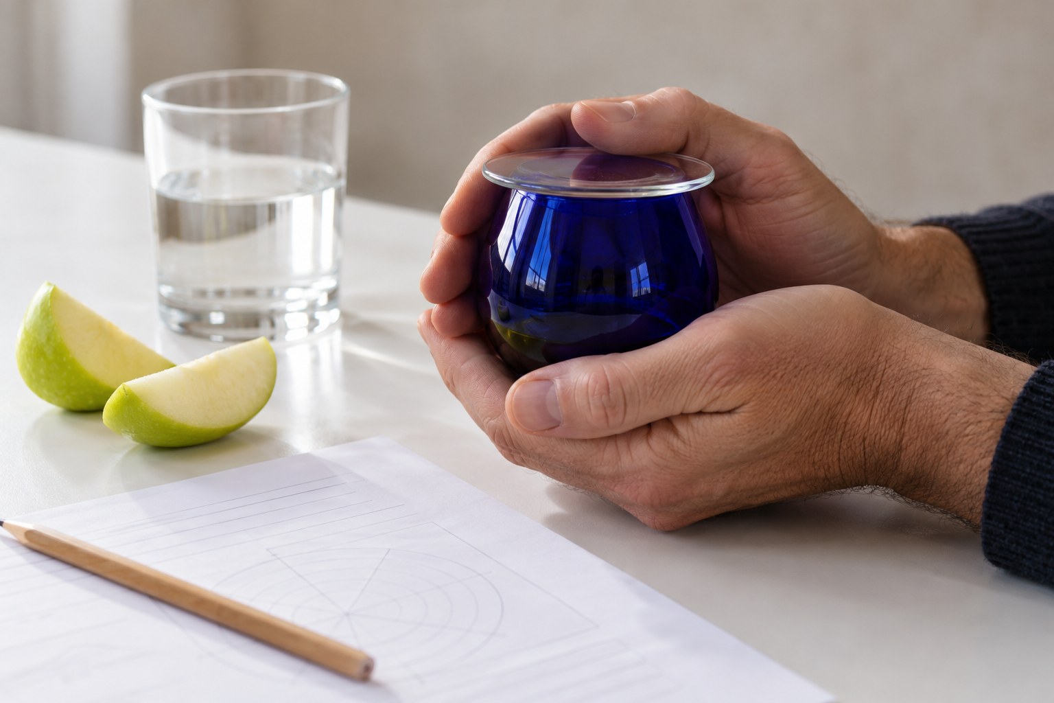 Due mani scaldano un bicchierino blu da assaggio dell’olio su un banco di analisi sensoriale