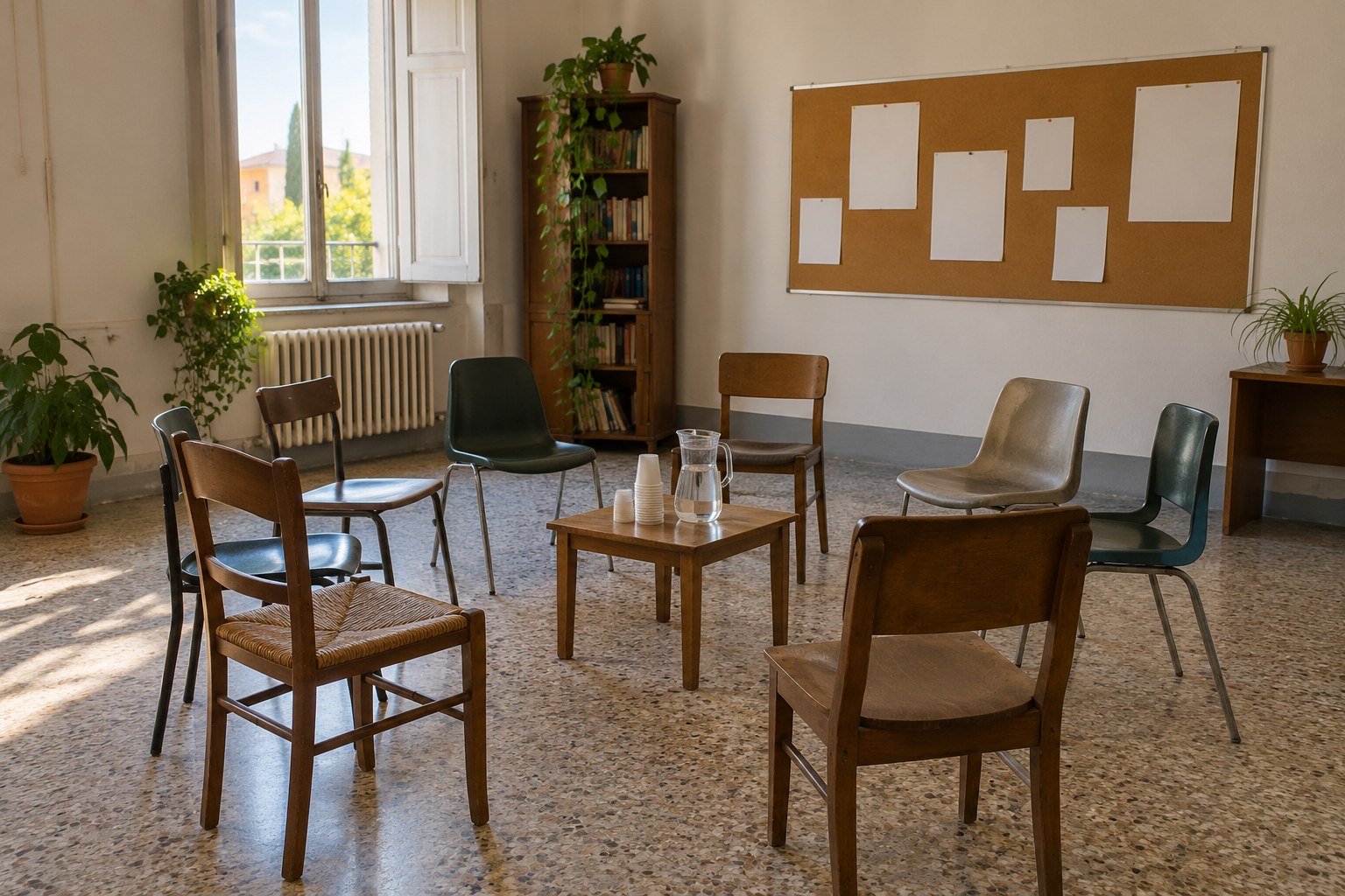 Sedie disposte in cerchio in una sala riunioni luminosa, immagine illustrativa