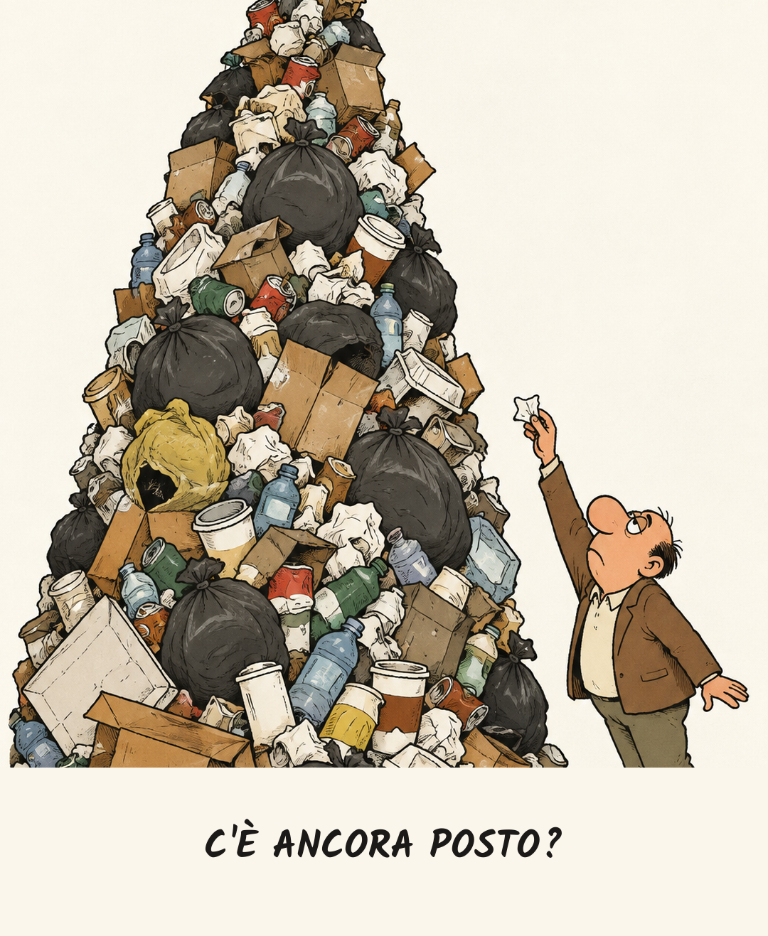 Vignetta: un uomo in punta di piedi cerca di buttare un biglietto in un cestino minuscolo in cima a una montagna di rifiuti
