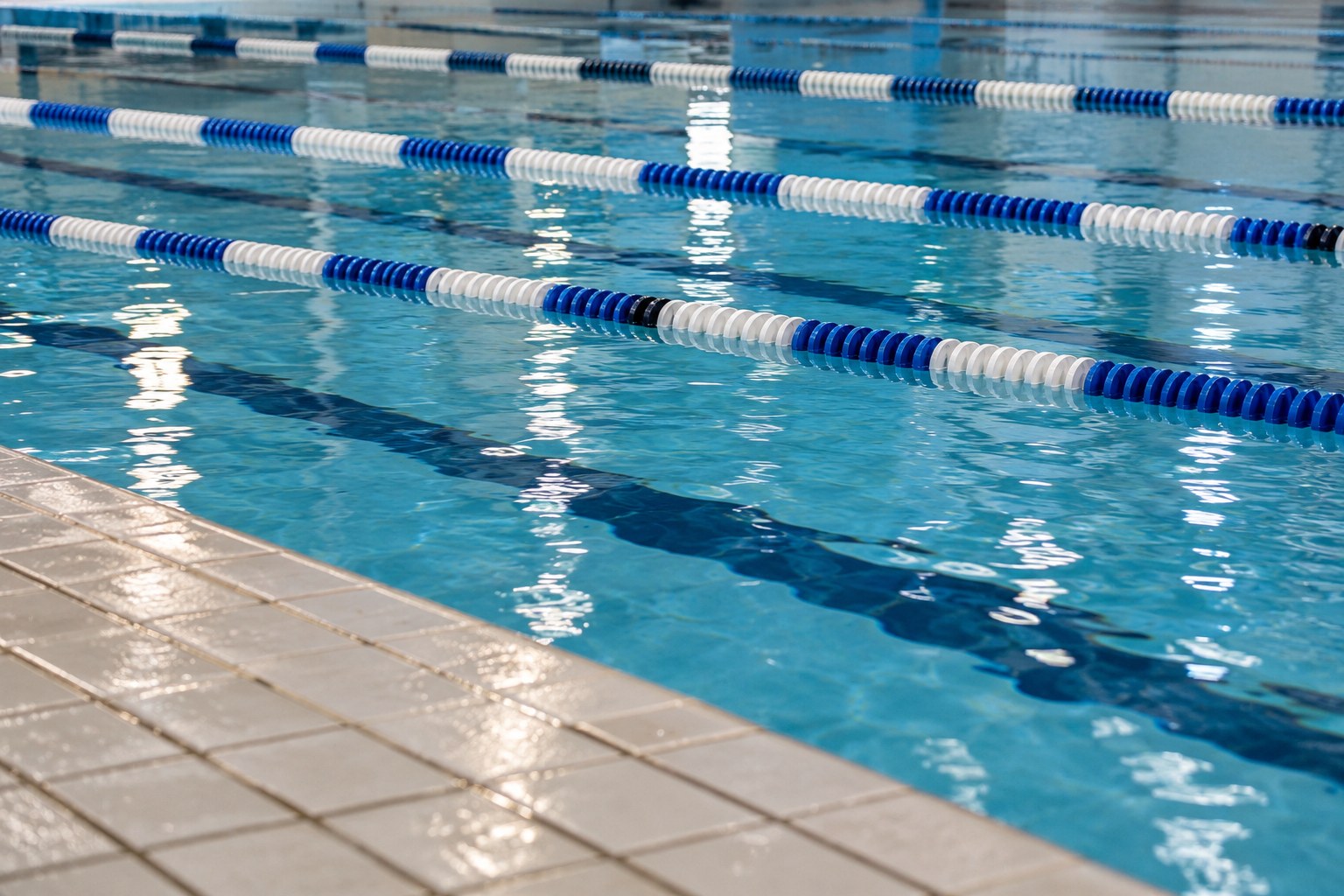 Corsie di una piscina coperta separate da galleggianti blu e bianchi, immagine illustrativa