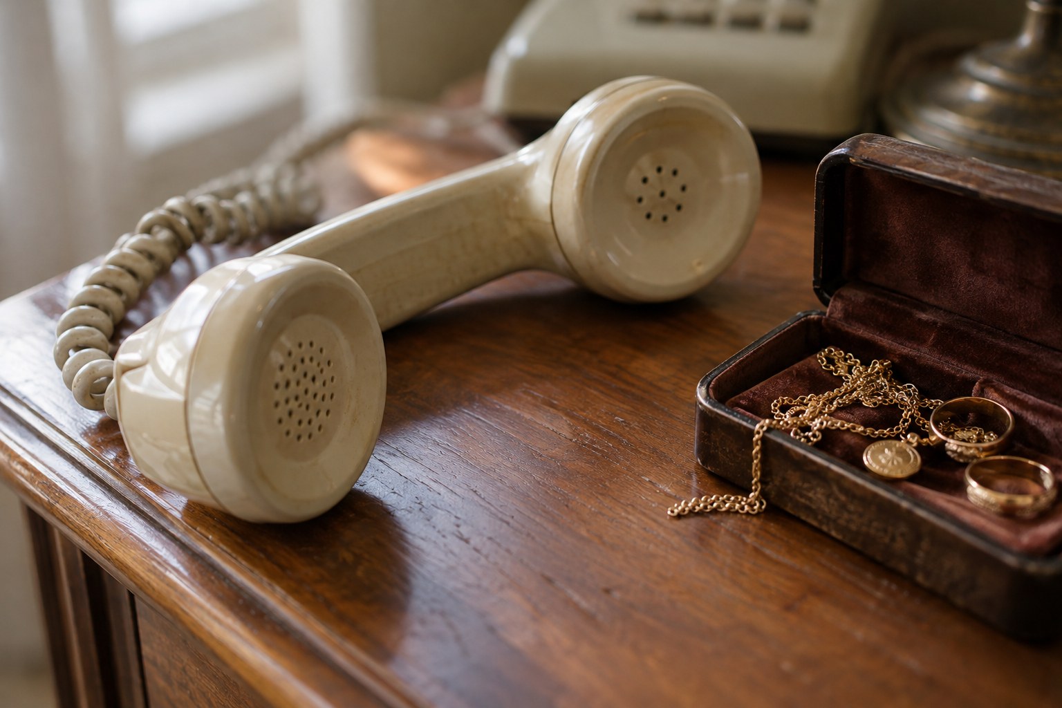 Una vecchia cornetta del telefono appoggiata su un tavolo di legno accanto a un portagioie aperto